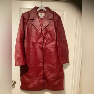 New Red leather coat knee length 42 inches from collar to hem